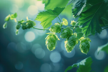 sprig of a flowering plant with hop cones,blue background with leaves and bokeh
