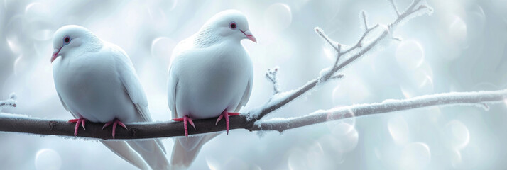 two pigeons, turned away from each other in confusion, sitting on a winter branch in frost, snow, light background with bokeh - obrazy, fototapety, plakaty