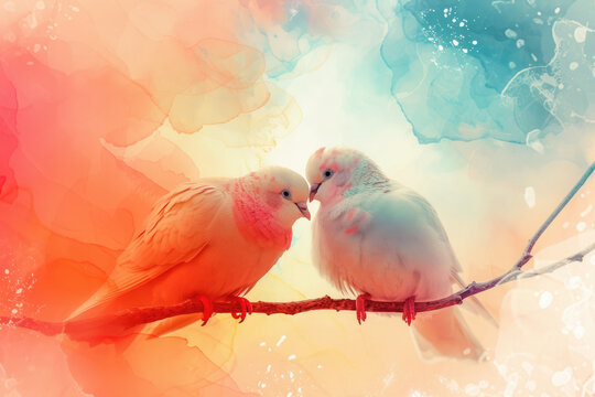 two loving doves look at each other, birds of peace, goodness and love, against a background with a gradient of watercolor paints, texture from blue to orange, sitting on a branch