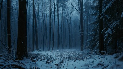Snowy Forest With Central Trail - obrazy, fototapety, plakaty