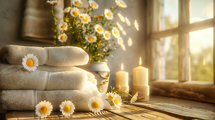 Obraz na płótnie Canvas Spa Composition with Candles, Towel, and Floral Arrangement, Tranquil and Calming Wellness Scene