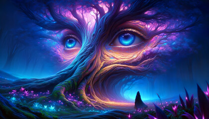 An ancient tree with human-like eyes forming the features of a face in a mystical, luminous forest, designated as AI generated.