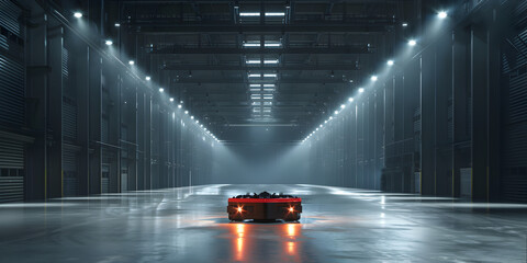 A spacious, organized warehouse interior illuminated by LED lights featuring an Automated guided vehicle in warehouse logiest 