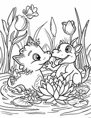 Two Baby Ducks Coloring Page in a Pond