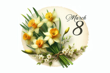 8 march card with daffodils and spring flowers on white background.
