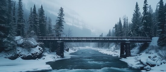 A bridge spans over a river, surrounded by snow-covered trees on both sides. The serene river flows peacefully underneath the bridge, creating a tranquil winter scene.