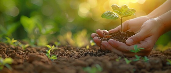 planting a seedling tree with hands in bright soil and fostering the idea of growth