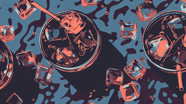 Whiskey or rum glass with ice cubes sketch icon.