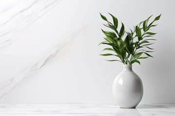 Closeup vase and plants on white marble table and white marble wall backgrounds with copy space
