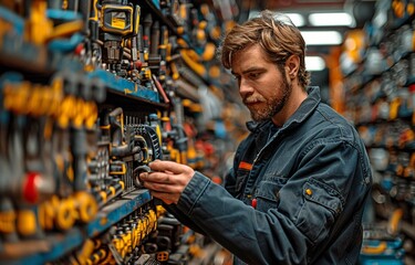 An industrial worker is retrieving his tools from a storage wall.