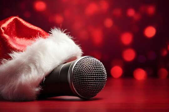 Close up of santa claus hat with microphone on red shiny glitter background with copy space. Christmas carols and music concept. Christmas gathering, party, karoke, event. New year party. 