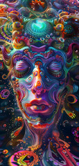 Saturated colorful mad abstract background, random different shapes and objects, hallucinations of ancient shaman after mushroom overdose. Neural network generated image. Not based on any actual scene
