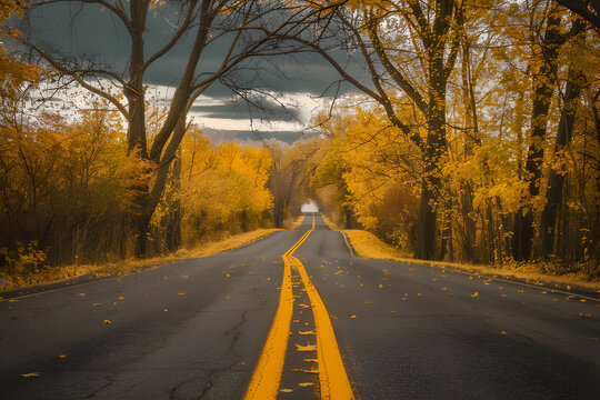 Enchanting Autumn: Surreal Yellow Trees Along Country Roads