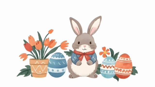 Cute easter bunny with painted eggs and tulips flowers isolated on white background. Watercolor illustration with copy space for design, greeting card, template, wallpaper, artwork