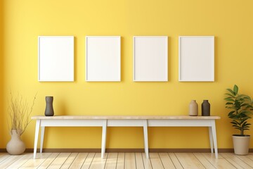 Sunlight and white blank frame for photo with shadow on yellow wall