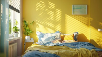 Sunlit bedroom with cozy morning vibes - Scenic morning in a sun-drenched bedroom with a playful shadow pattern on yellow walls, creating a warm awakening