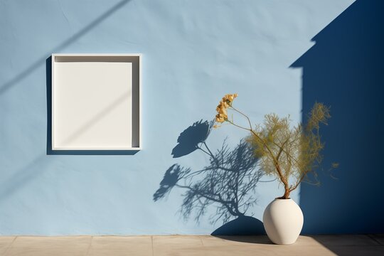 Sunlight and white blank frame for photo with shadow on blue wall