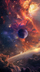 Volcanic planet landscape with cosmic backdrop - Cosmic landscape with a surreal volcanic planet and a vibrant starry sky that evokes curiosity and the vastness of the universe