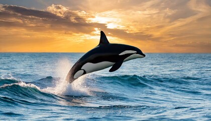 orca jumping out of the water at sunset