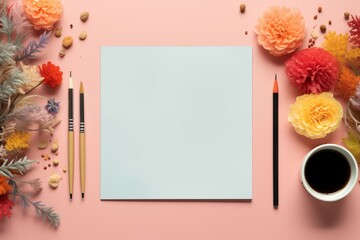 top view of paintbrush and paper mockup over pastel background in art concept