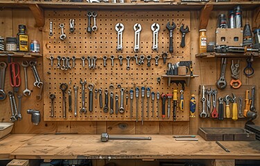 a set of cycling tools used in expert bicycle maintenance workshop with a wall panel tool holder for the fix repair assembly set.