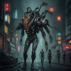 Wild monsters with many eyes and many teeth, biomechanical, cyberpunk pieces, steam punk mood, metallic fragments on the bodies, ai generative - 749542559