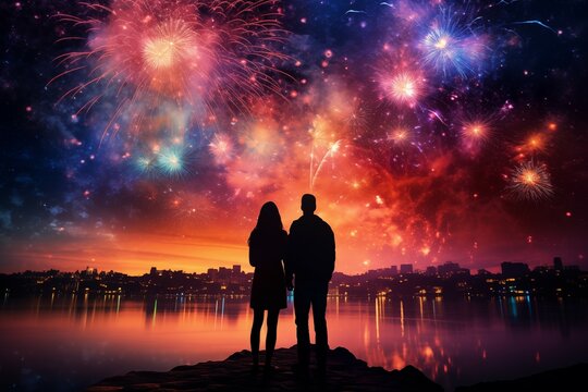 sweet couple with colorful fireworks on drak sky background