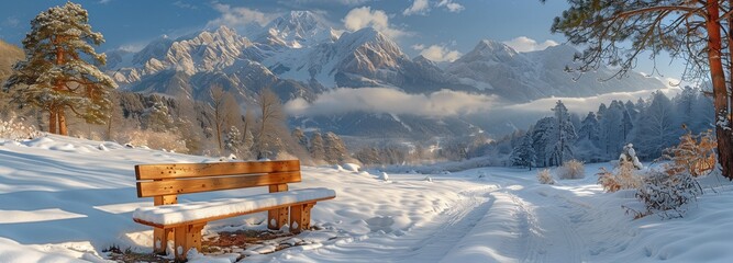 A cold morning overlooking snow-capped mountain peaks from a snow-covered wooden seat.