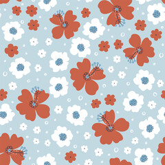 Seamless floral pattern. Beautiful background with bold flowers. Retro colors doodle style natural ornament. Hand drawn vector illustration.

