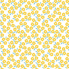 Floral millefleur seamless pattern. Cute tiny yellow flower ornament. Naive art meadow flowers background. Doodle style vector illustration for textile, wallpaper, wrapping paper.

