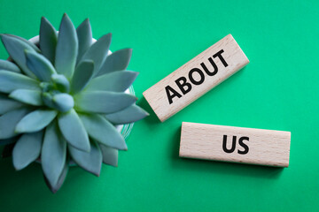 About us symbol. Concept word About us on wooden blocks. Beautiful green background with succulent...