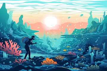 Man scuba diver checking beautiful colorful coral reef with diversity of corals and cleaning plastic. World ocean contamination by plastic concept.