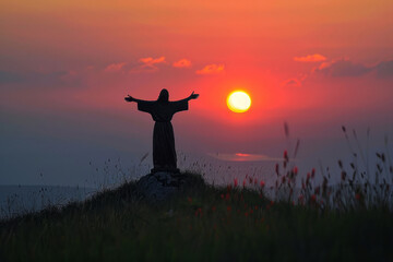Jesus rising at Beautiful sunrise. Generative AI