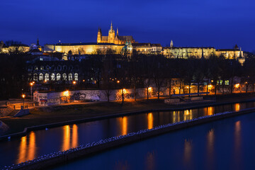 Fototapeta na wymiar During the blue hour in the capital city of Czech Republic, Prague, with the view towards the Prague castle
