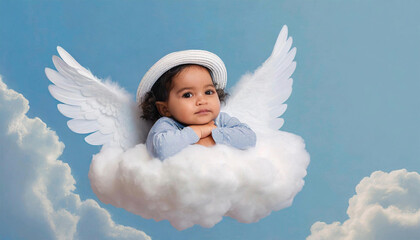 Child with white wings on a cloud.