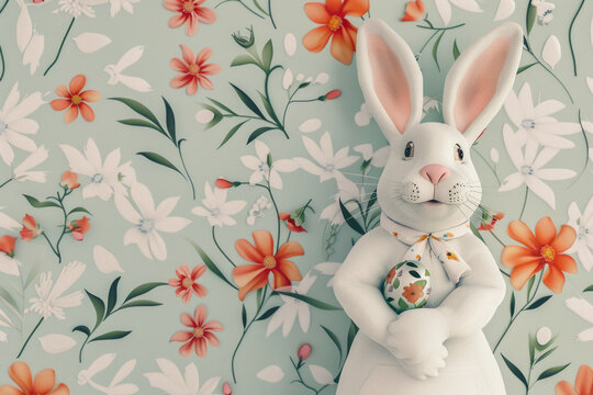 Easter bunny dressed  in a costume on a floral background. Generative AI