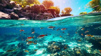 illustration of a shallow underwater view accompanied by exotic small fish and colorful coral reefs