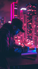 Neon Inspiration: Musician Composing Lyrics by Notebook Light, City Skyline Glowing in the Background, Creative Process in Urban Nightlife