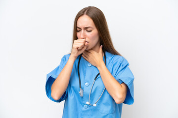 Young nurse woman over isolated on white background is suffering with cough and feeling bad