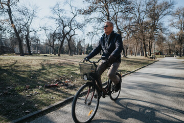Obraz premium Active senior male cyclist rides along a peaceful park path, surrounded by leafless trees, symbolizing health and an outdoor lifestyle.
