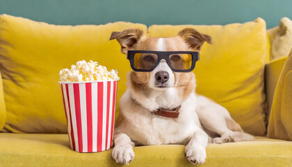 Dog wearing 3D glasses, watching a movie with popcorn.