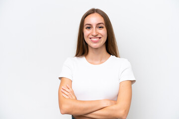 Fototapeta premium Young caucasian woman isolated on white background keeping the arms crossed in frontal position