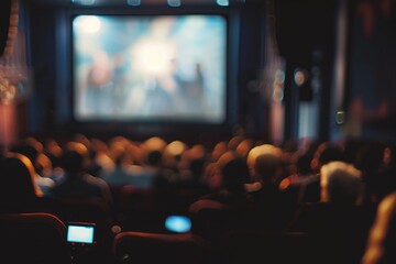 Blurred frame of a cinema. Moviegoers in a movie theater watch a bright screen shot from behind. The room is dark, the seats are red.