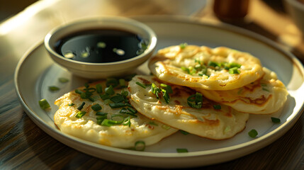 Fototapeta premium Savory pancakes with soy sauce on wooden table