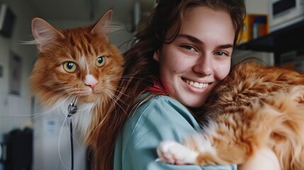 A girl veterinarian holds a relaxed orange ginger cat indoors on a blurred background. Treatment and care for pets.
