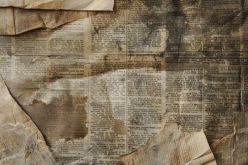 Close-up of wrinkled old paper with vintage newspaper clippings, creating a textured collage of historical print.

