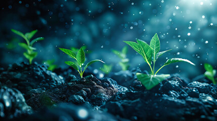 Sprouting New Life: Green Plant Growth in Soil, Environmental Concept with Sunlight - obrazy, fototapety, plakaty