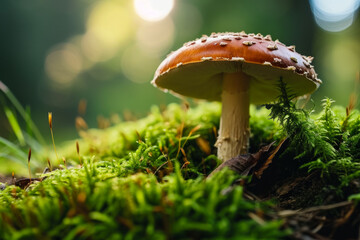 Fly agaric in the forest. Background with selective focus and copy space - obrazy, fototapety, plakaty