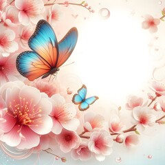 sakura cherry blossom floral flower Branches with butterfly background 3d Illustration