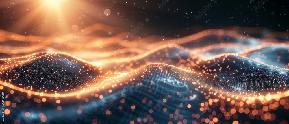 Poster Dots and weave lines in a wave. Abstract background. Structure of network connections.
